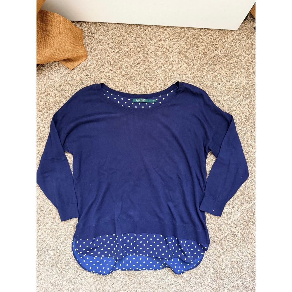 Ralph Lauren Navy blue top with polkadots EUC L